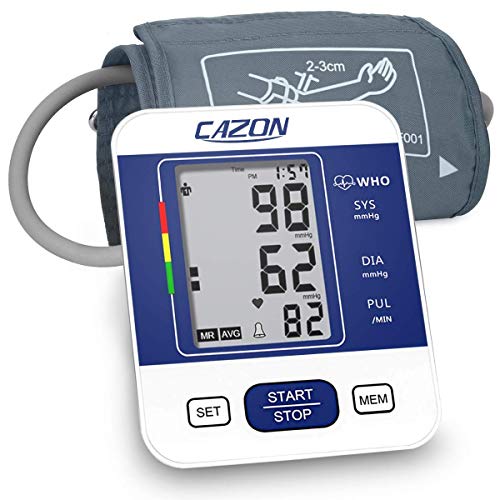 CAZON Blood Pressure Monitor Upper Arm BP Machine for Home Use BP Cuff Kit Pulse Rate Detection Meter with Cuff 22-32cm 2×99 Sets Memory LCD Display (Blue)